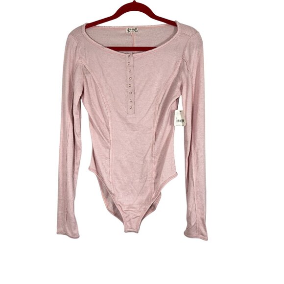 Free People Waffle Knit Bodysuit Pink S Henley Feminine Coquette Chic Boho Folk - Picture 1 of 12